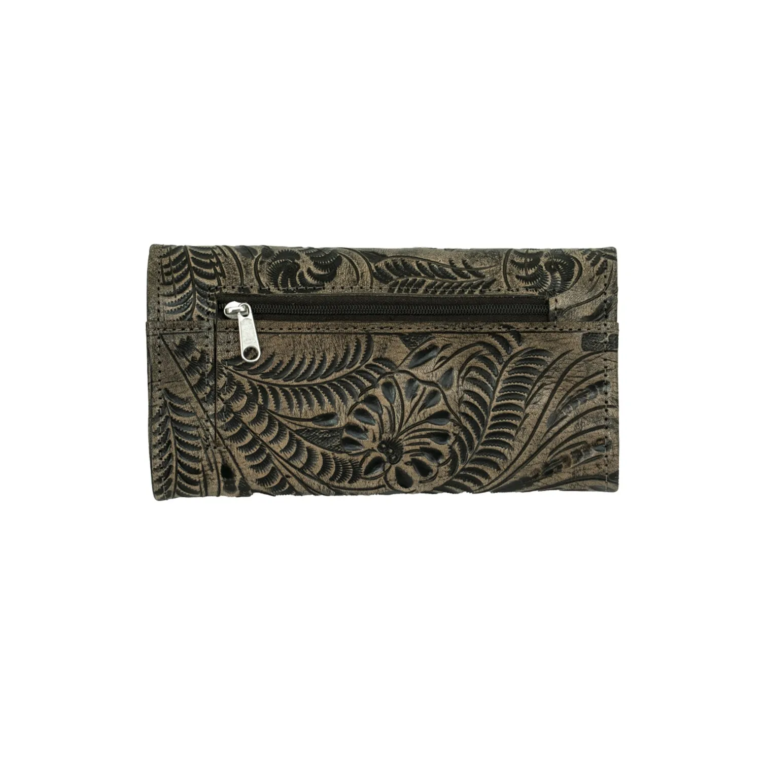 American West Hitchin Post Distressed Charcoal Leather Tooled Trifold Wallet