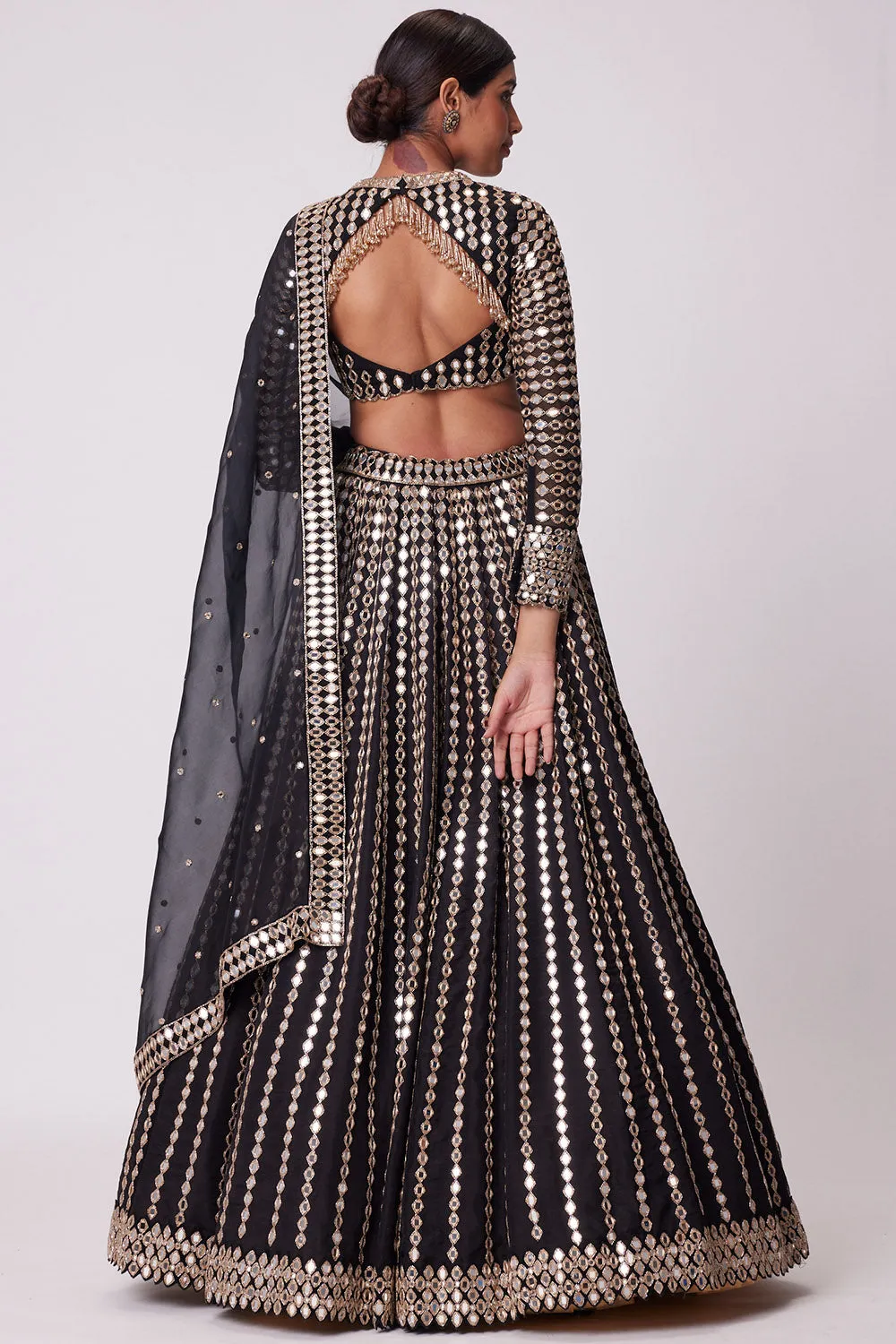Black Linear Mirror Embroidered Lehenga Set