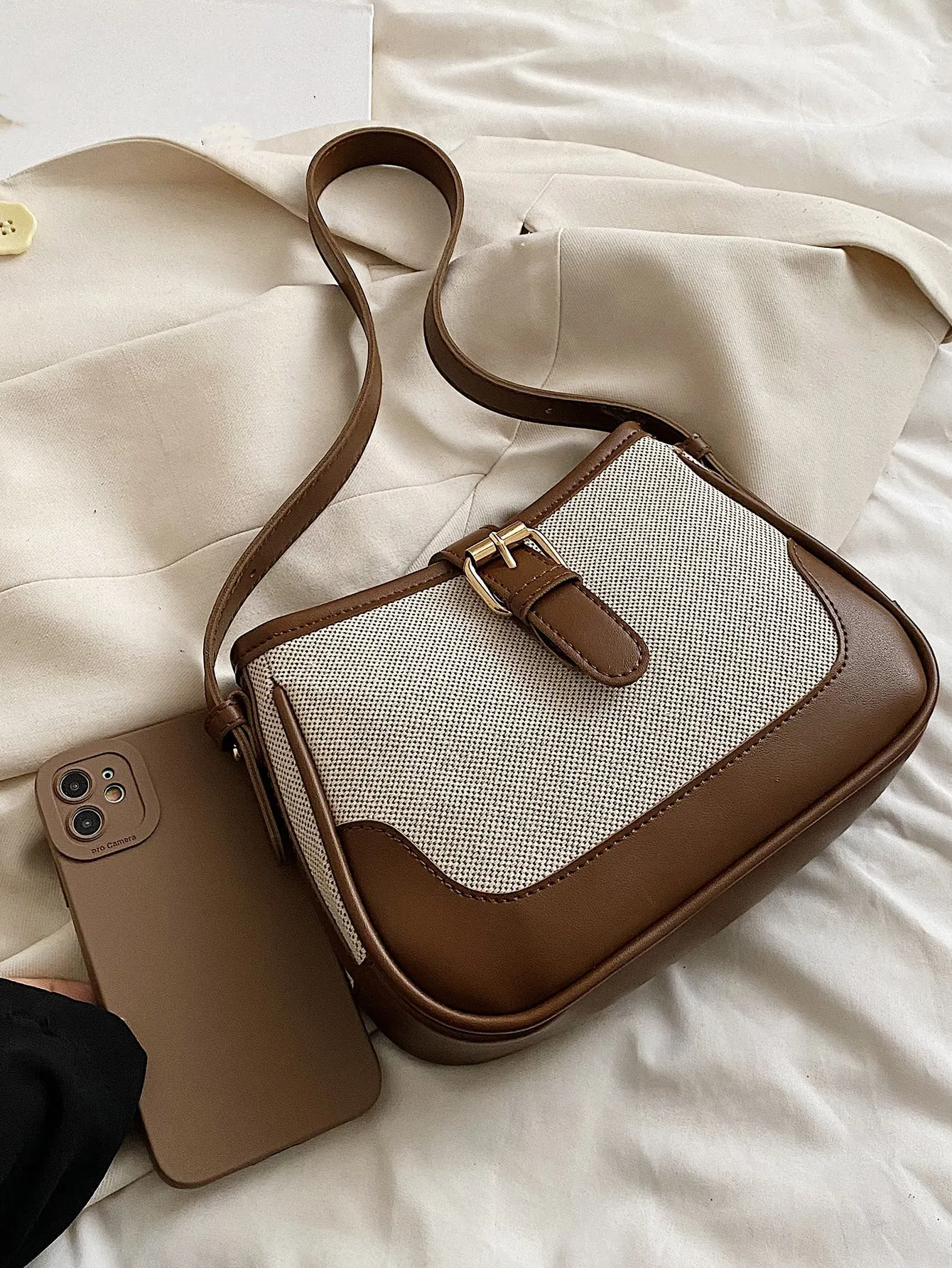 Fashionable Linen Cloth Color Blocking Elegant Shoulder Cross-body Bag