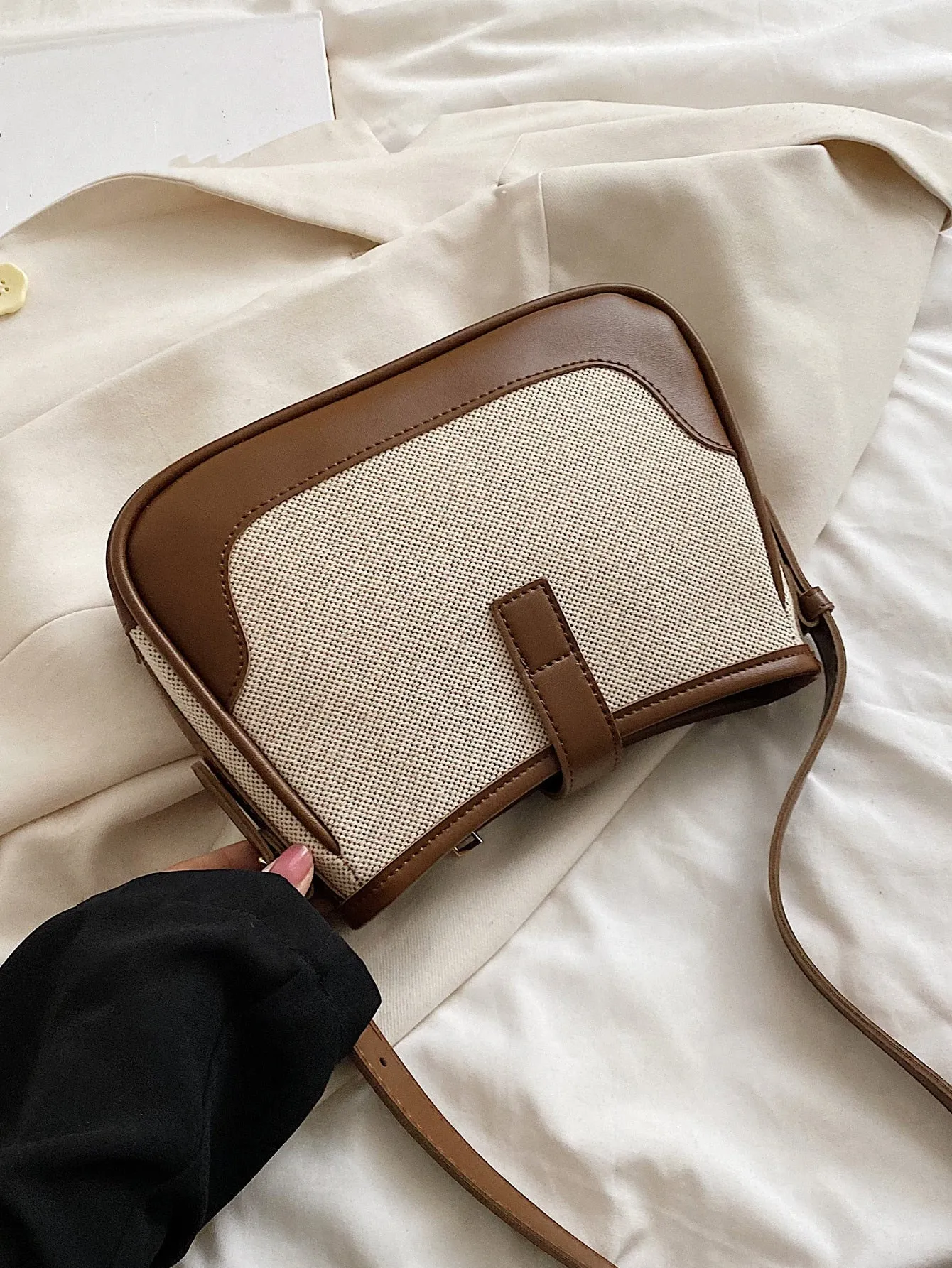 Fashionable Linen Cloth Color Blocking Elegant Shoulder Cross-body Bag