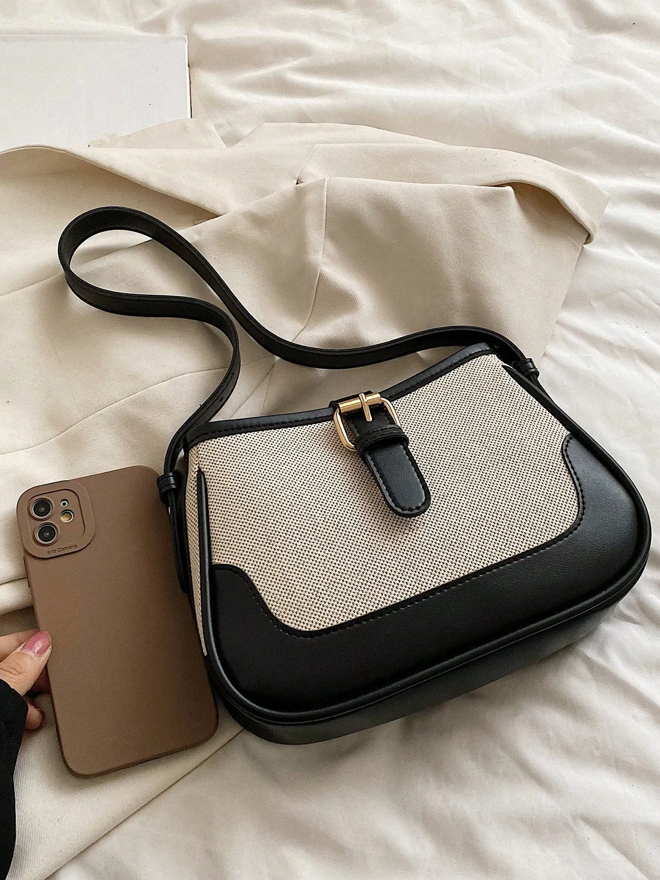 Fashionable Linen Cloth Color Blocking Elegant Shoulder Cross-body Bag