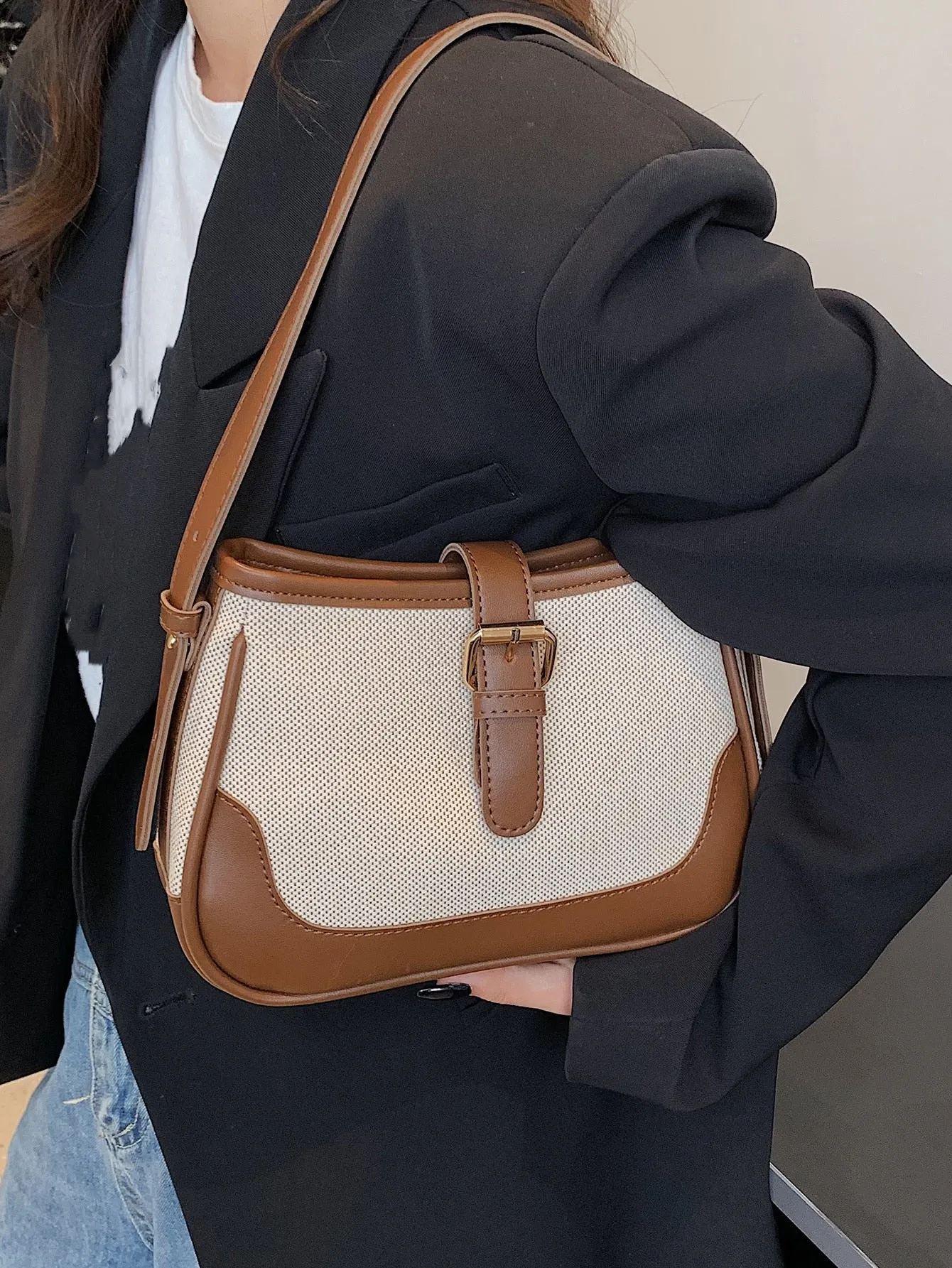 Fashionable Linen Cloth Color Blocking Elegant Shoulder Cross-body Bag