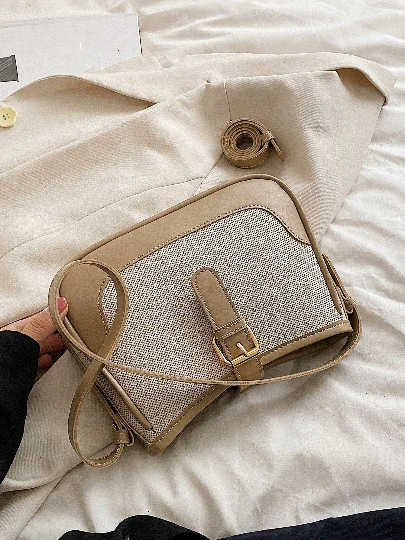Fashionable Linen Cloth Color Blocking Elegant Shoulder Cross-body Bag