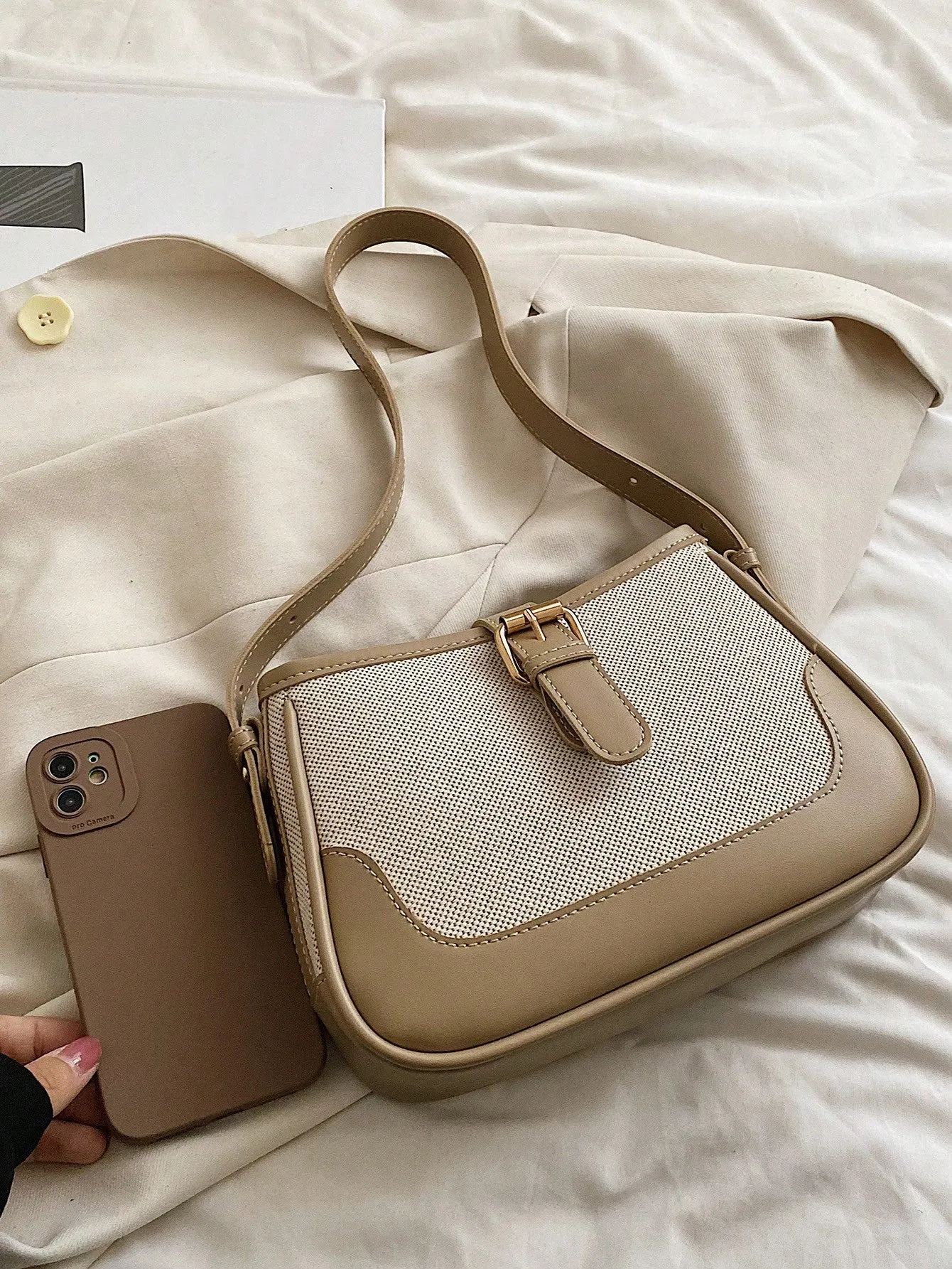 Fashionable Linen Cloth Color Blocking Elegant Shoulder Cross-body Bag