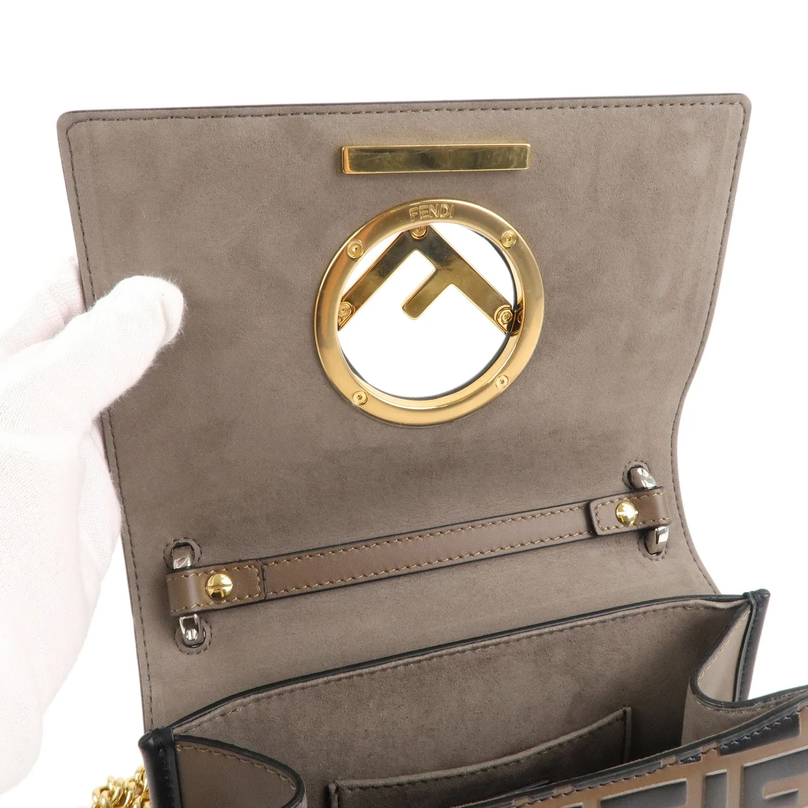 FENDI Mini Kan I F Leather Chain Shoulder Bag Black Brown 8BT286