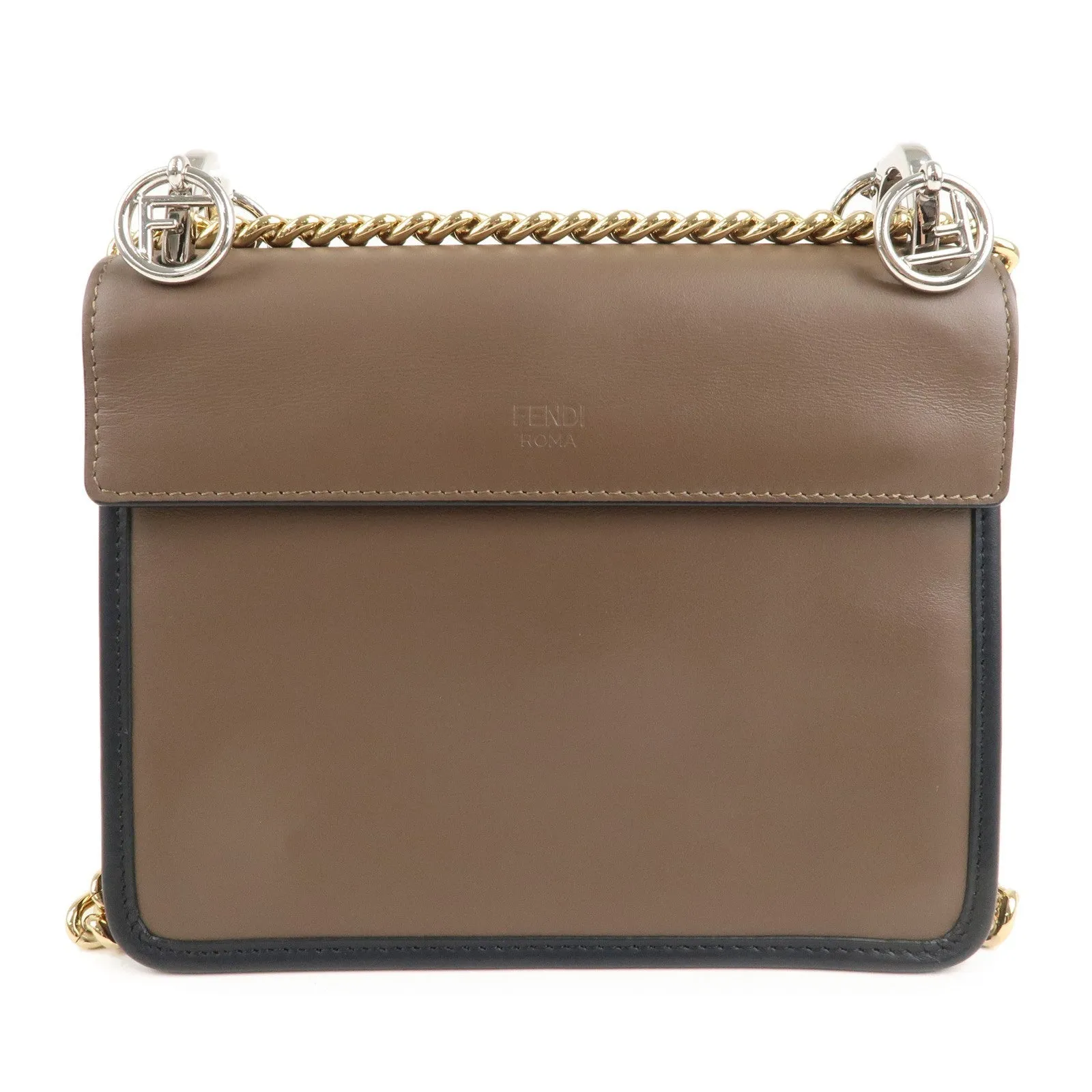 FENDI Mini Kan I F Leather Chain Shoulder Bag Black Brown 8BT286