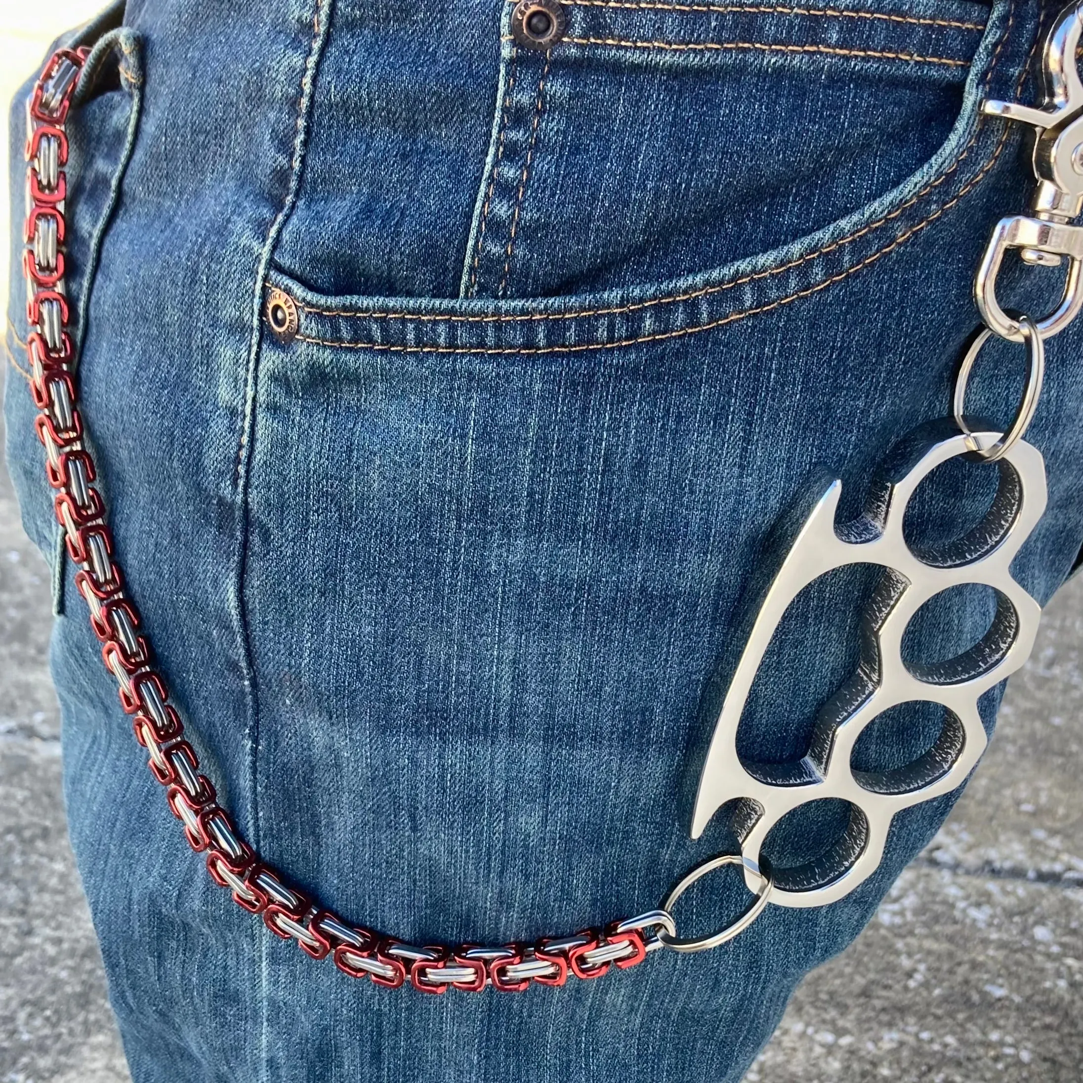 Four Finger Wallet Chain - Red & Silver Daytona Deluxe - Polished Four Finger Ring 29 - WCK-9