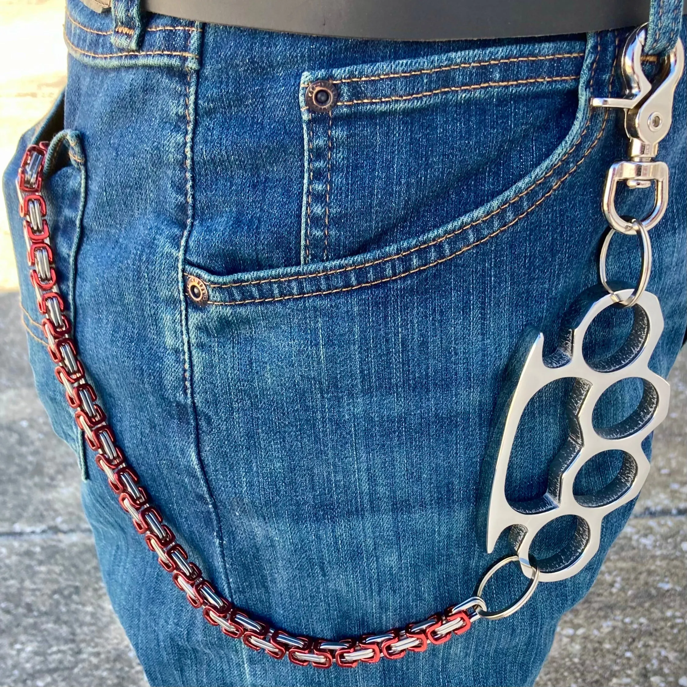 Four Finger Wallet Chain - Red & Silver Daytona Deluxe - Polished Four Finger Ring 29 - WCK-9