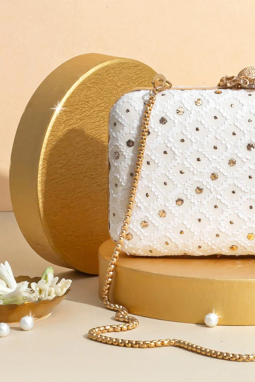 Ira Chikankari Mukaish Embroidered Box Clutch
