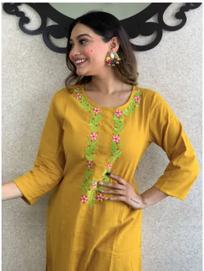 Mustard Embroidery Kurti Pant Set