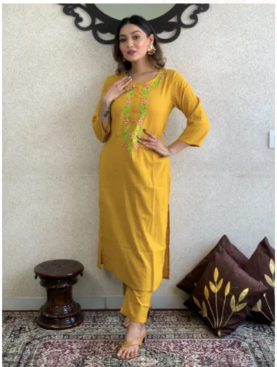 Mustard Embroidery Kurti Pant Set