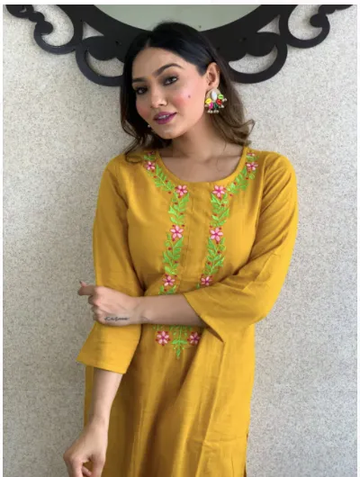 Mustard Embroidery Kurti Pant Set