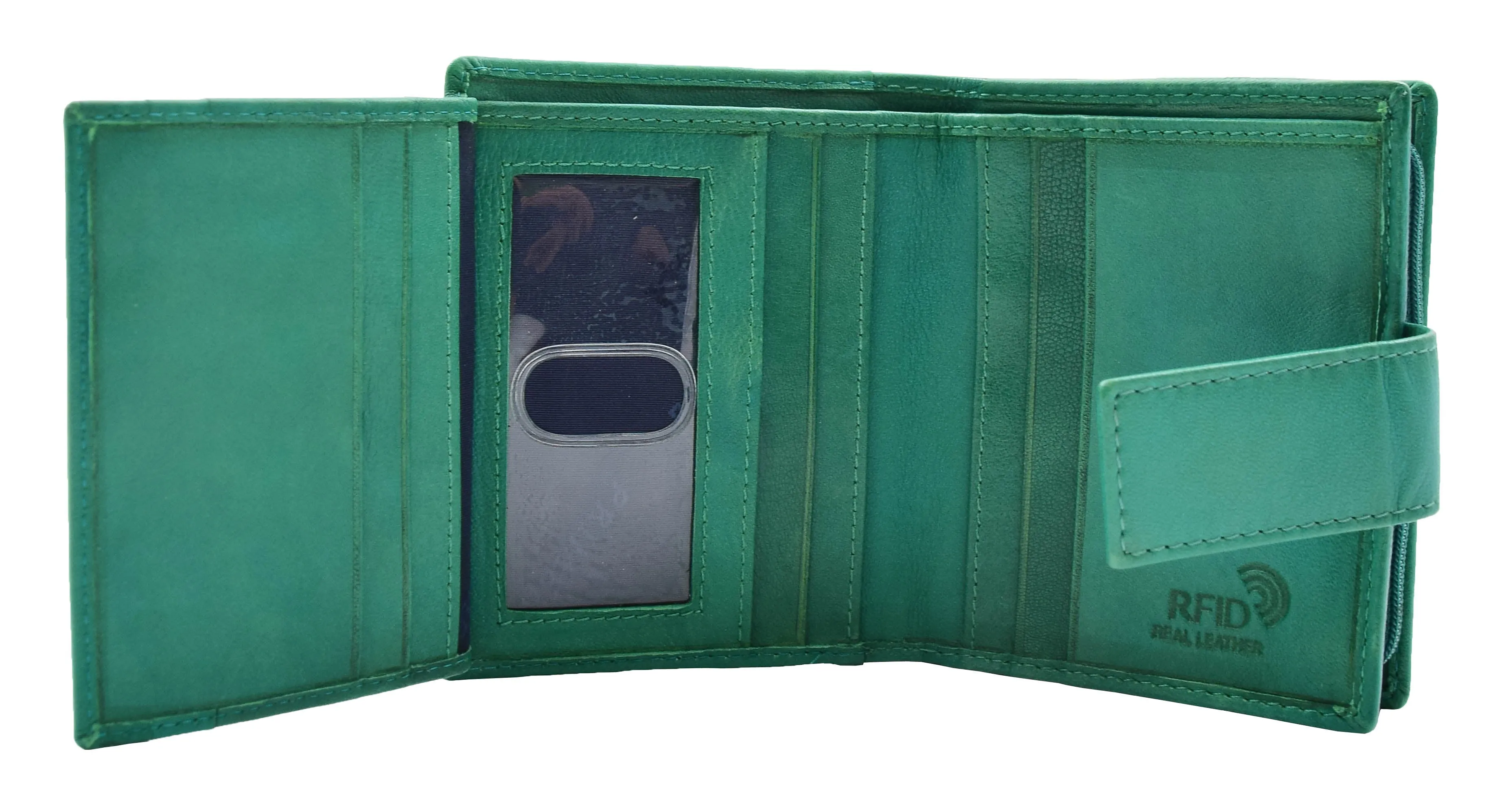 Womens Soft Leather Purse Mid-Sized Cards ID Notes Coins Pocket RFID Safe Boxed Alder Green