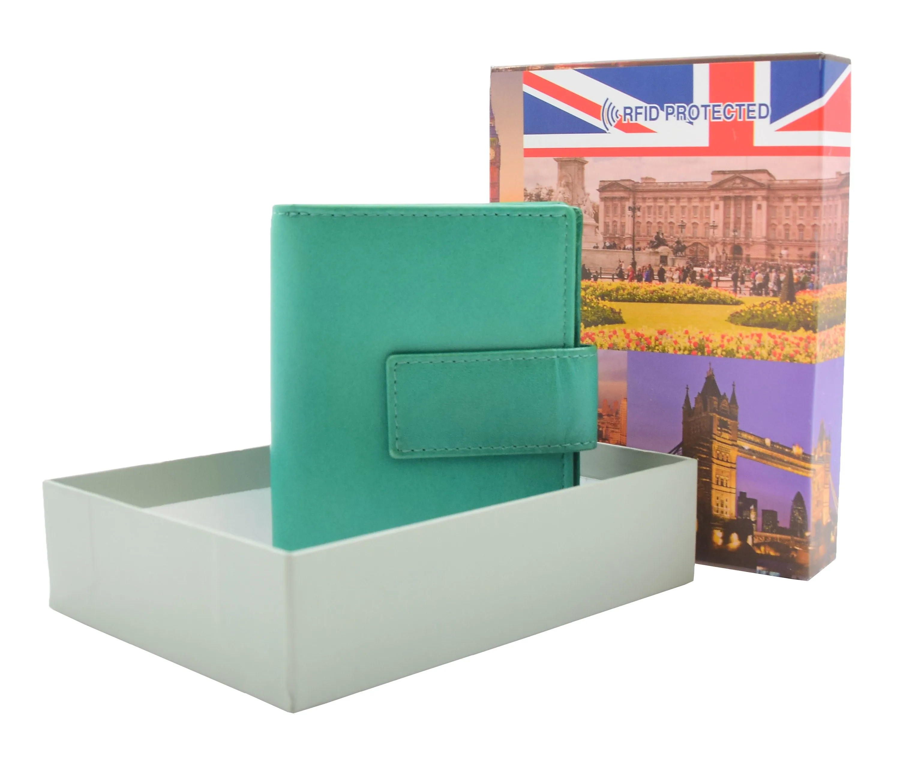 Womens Soft Leather Purse Mid-Sized Cards ID Notes Coins Pocket RFID Safe Boxed Alder Green